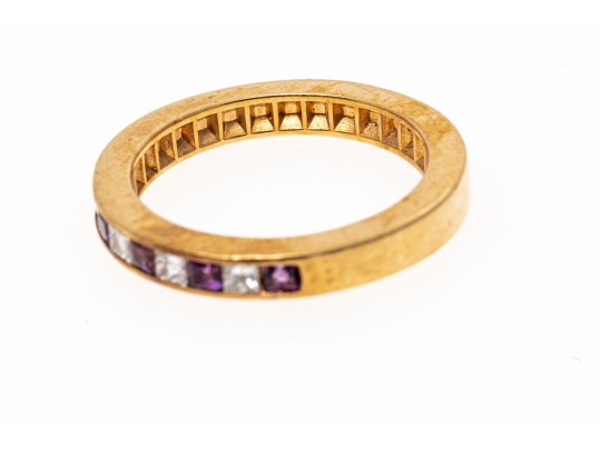 14k Yellow Gold Princess Cut Amethyst And Diamond Set Band Ring, App. 0.12 TCW, Size 6.75