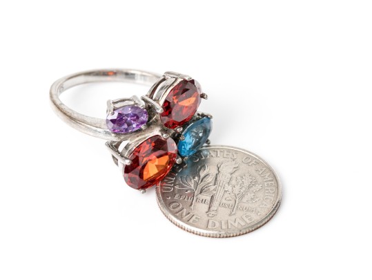 Sterling Silver Striking Colorful Cz Cluster Ring, Size 7.25