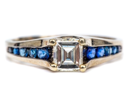 14k White Gold Asscher Cut Diamond Ring, App. 0.72 CTS, With Sapphires, Size 8.5