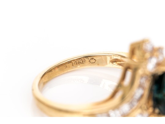 14k Yellow Gold Sapphire And Diamond Cluster Ring, App. 0.32 TCW In Diamonds, Size 2.75
