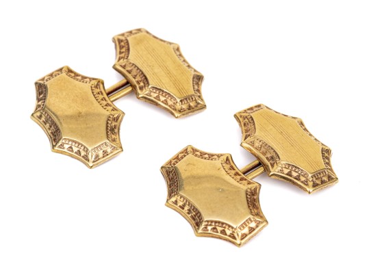14k Yellow Gold Vintage Elongated Scalloped Edge Cufflinks, Loose Links Style