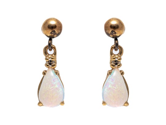 14k Yellow Gold Pretty Diamond Accented Pear White Opal Drop Pendant Earrings