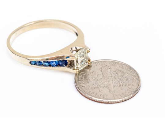14k White Gold Asscher Cut Diamond Ring, App. 0.72 CTS, With Sapphires, Size 8.5