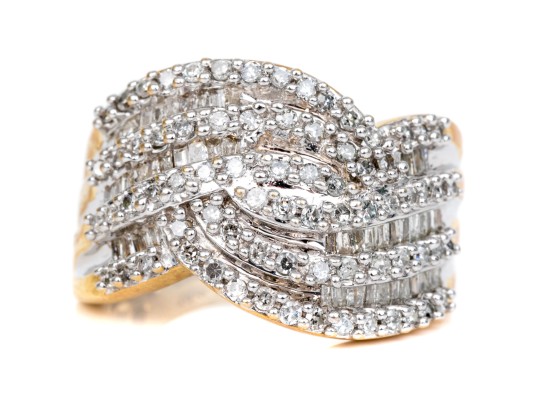 14k Yellow Gold Ultra Wide Bypass Diamond Dome Ring, App. 1.24 TCW, Size 7