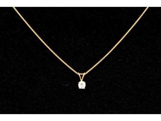 14k Yellow Gold Classic Diamond Solitaire Pendant, App. 0.19 CTS, With Chain