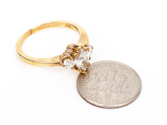 14k Yellow Gold Marquise And Round Diamond Three Stone Ring, App. 0.84 TCW, Size 6
