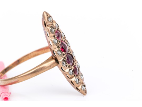 14k Yellow Gold Vintage Navette Profile Macle Cut Diamond And Ruby Ring , Size 2.75