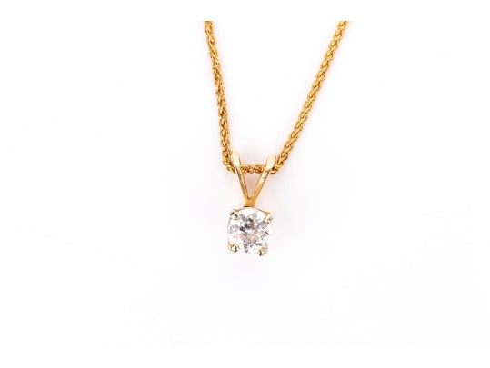 14k Yellow Gold Classic Diamond Solitaire Pendant, App. 0.19 CTS, With Chain