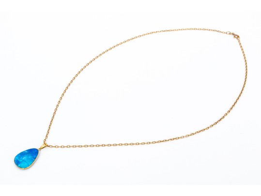 14k Yellow Gold Beautiful Freeform Blue Boulder Opal Doublet Pendant, With Chain