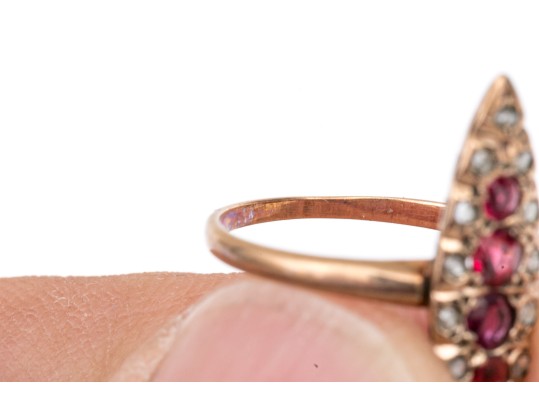14k Yellow Gold Vintage Navette Profile Macle Cut Diamond And Ruby Ring , Size 2.75