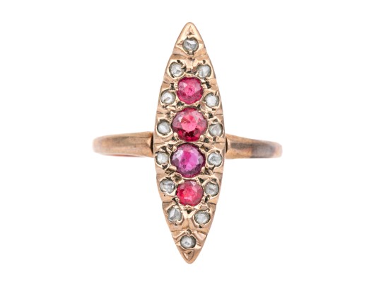 14k Yellow Gold Vintage Navette Profile Macle Cut Diamond And Ruby Ring , Size 2.75