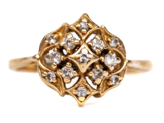 14k Yellow Gold Vintage Diamond Cluster Ring, App. 0.11 TCW, Size 6