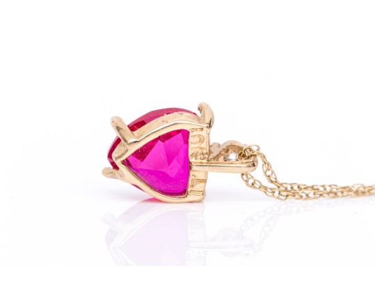 10k Yellow Gold Synthetic Ruby Heart And Cz Pendant, On A Gold Filled Chain
