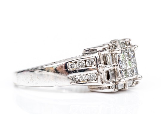 14k White Gold Ornate Cz Cluster Ring, Size 7