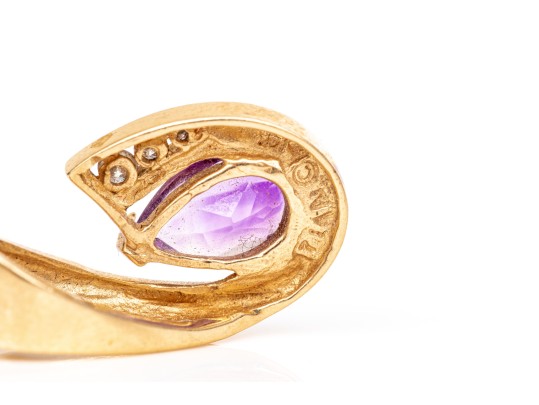 14k Yellow Gold Contemporary Pear Amethyst And Channel Diamond Swirl Pendant