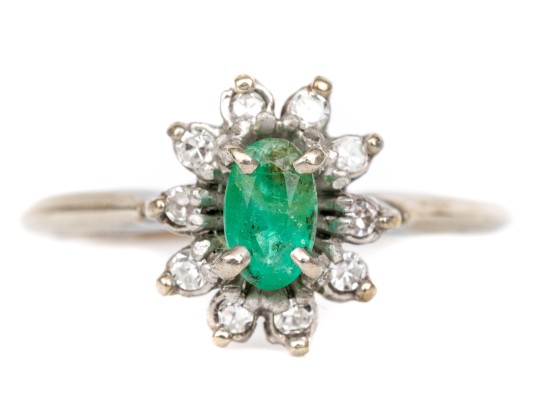 14k White Gold Emerald And Diamond Halo Ring, App. 0.10 TCW Size 3.25