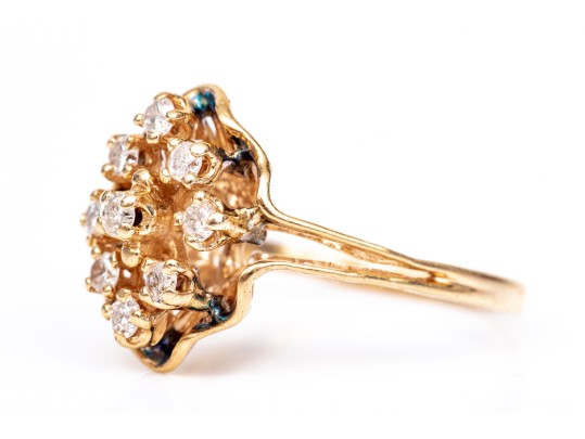 14k Yellow Gold Lovely Vintage Elongated Diamond Cluster Ring, App. 0.18 TCW, Size 5.5