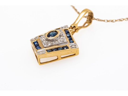 14k Yellow Gold Retro Sapphire And Diamond Set Pendant, With Chain