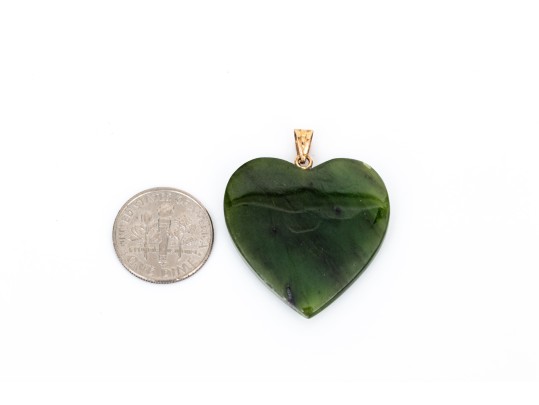 14k Yellow Gold Simple Chunky Green Nephrite Jade Heart Pendant