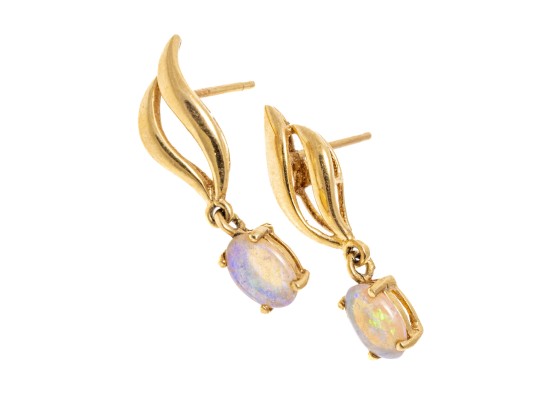 14k Yellow Gold Retro Swirl And White Opal Drop Pendant Earrings
