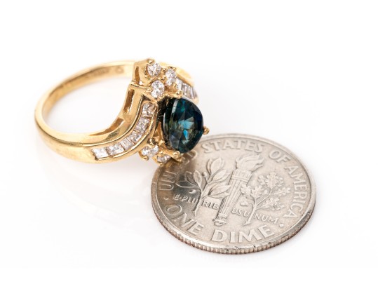 14k Yellow Gold Sapphire And Diamond Cluster Ring, App. 0.32 TCW In Diamonds, Size 2.75