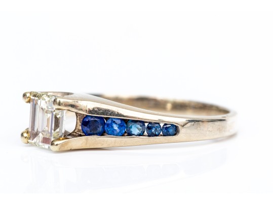 14k White Gold Asscher Cut Diamond Ring, App. 0.72 CTS, With Sapphires, Size 8.5