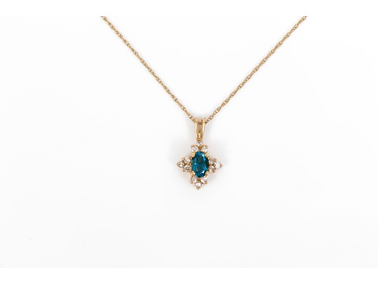 14k Yellow Gold Blue Topaz And Diamond Set Cluster Pendant With Gold Filled Chain, 0.12 TCW