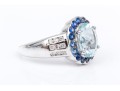 14k White Gold Contemporary Aquamarine Blue Sapphire And Diamond Halo Ring, Size 7.5