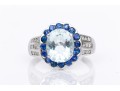 14k White Gold Contemporary Aquamarine Blue Sapphire And Diamond Halo Ring, Size 7.5