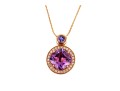 14k Rose Gold Stunning Amethyst, Diamond Halo And Tanzanite Pendant, With Chain