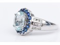 14k White Gold Contemporary Aquamarine Blue Sapphire And Diamond Halo Ring, Size 7.5