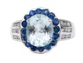 14k White Gold Contemporary Aquamarine Blue Sapphire And Diamond Halo Ring, Size 7.5
