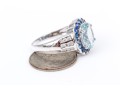14k White Gold Contemporary Aquamarine Blue Sapphire And Diamond Halo Ring, Size 7.5