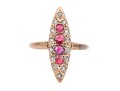 14k Yellow Gold Vintage Navette Profile Macle Cut Diamond And Ruby Ring , Size 2.75