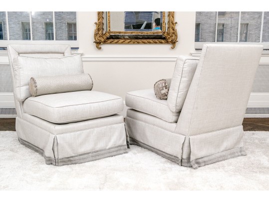 Pair Of Custom Upholstered Slipper Chairs With Accent Bolster Pillows ($6,000)