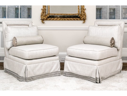 Pair Of Custom Upholstered Slipper Chairs With Accent Bolster Pillows ($6,000)