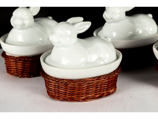 Set Of Four Porcelain Rabbit Covered Dishes With Wicker Holders
