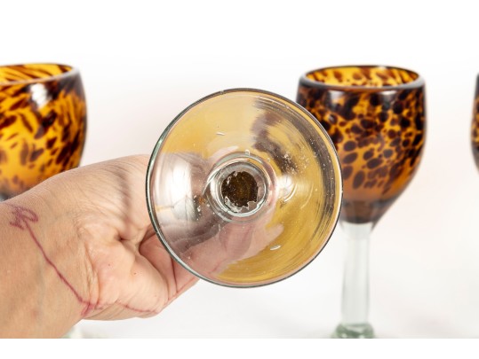 Six Handmade Tortoise Shell Amber Glass Wine Goblets