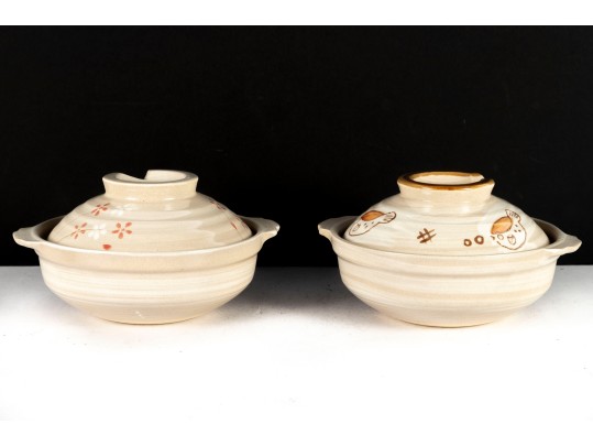 Pair Of Japanese Ceramic Donabe Hot Pots With Lids