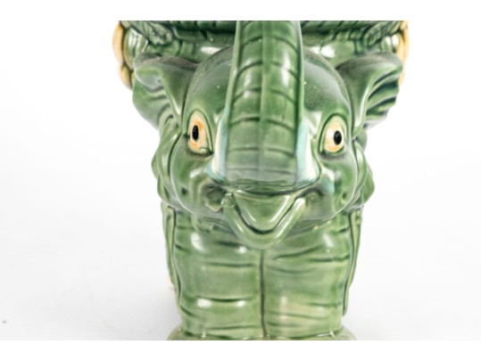 Mid Century Majolica Style Pottery Elephant Planter