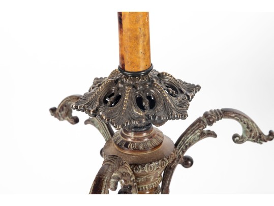 Pair Of Antique Amber Glass And Cast Brass Column Lamps