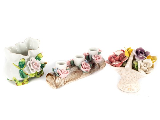 Lot Of Three Asian Porcelain Floral Decor Pieces