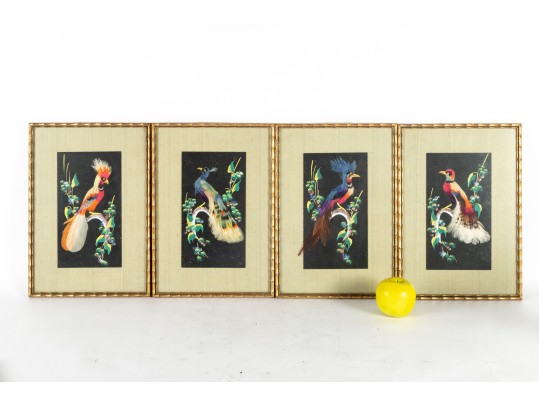 Four Chinese Feather Framed Art Panels