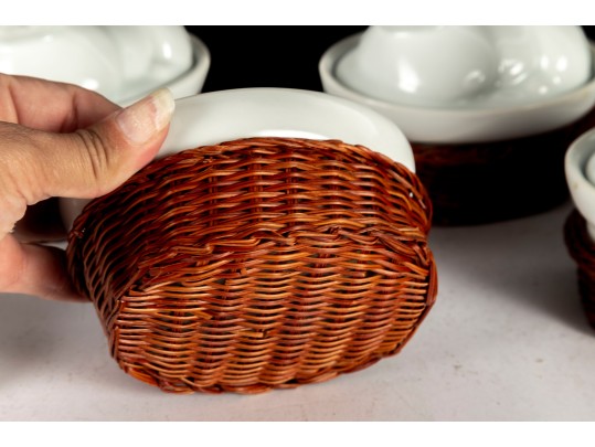 Set Of Four Porcelain Rabbit Covered Dishes With Wicker Holders