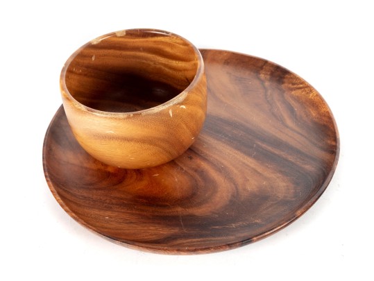 Mid-Century Modern Hand-Turned Wooden Bowl And Charger Set