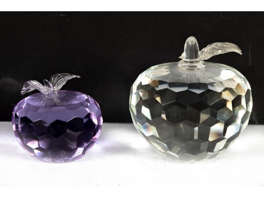 Pair Of Faceted Crystal Apple Paperweights