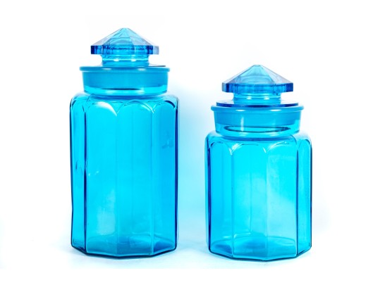 Turquoise Blue Glass L.E. Smith Canisters