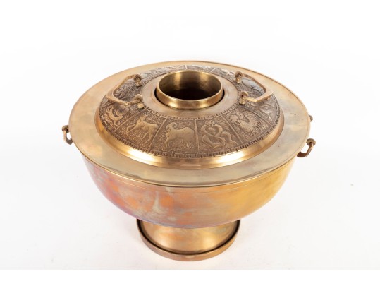 Large Brass Hot Pot With Pierced Base And Decorative Lid