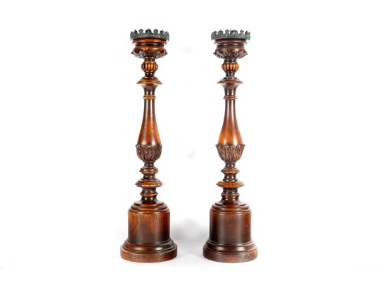 Pair Of Turned Mahogany Church Candlesticks