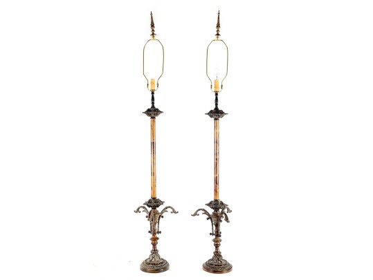 Pair Of Antique Amber Glass And Cast Brass Column Lamps